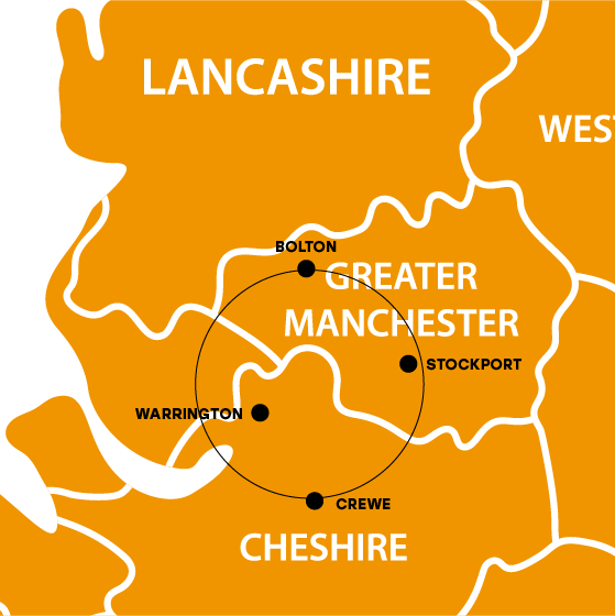 Map of the North West of England showing Cheshire, Greater Manchester and Lancashire counties. The areas of Bolton, Warrington, Stockport and Crewe are pinned and connected by a thin line to make a circle.